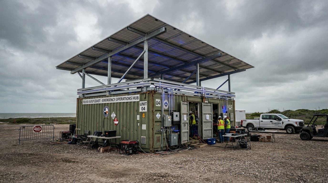 A shipping container under a raised solar canopy at an open work site