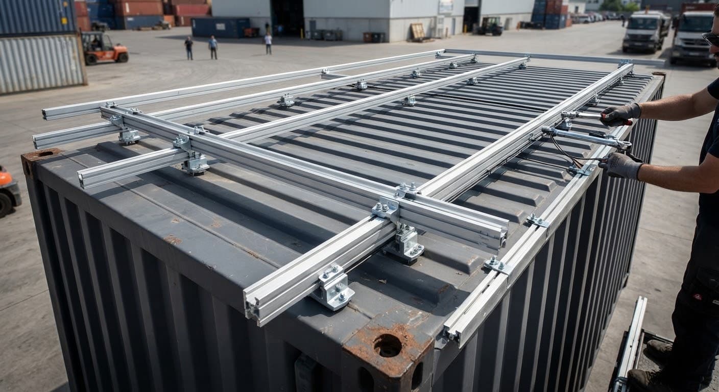 Aluminium rails being fitted across a shipping container roof